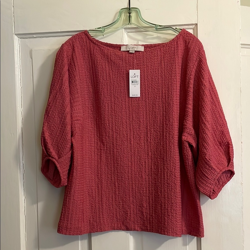 NWT Women's LOFT Pink Blouse Elbow Length Sleeves Textured Size Medium
